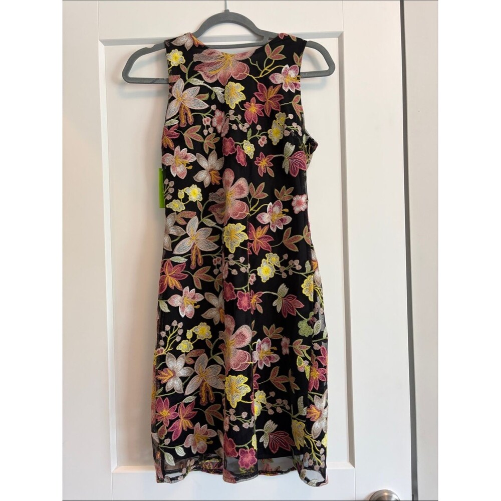 NWT Floral Mesh Sleeveless Dress in Black with Pink & Yellow Flowers